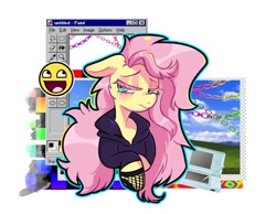 Size: 680x528 | Tagged: safe, artist:kreeeeeez, fluttershy, semi-anthro, g4, '90s, alternate hairstyle, arm hooves, awesome face, bliss xp, bust, clothes, colored eyelashes, design, female, hoodie, messy mane, microsoft windows, portrait, shirt design, solo, twitter, webcore, windows 95