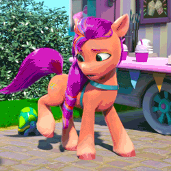 Size: 640x640 | Tagged: safe, screencap, curtle turtle, sunny starscout, earth pony, pony, tortoise, g5, my little pony: make your mark, my little pony: make your mark chapter 2, the cutie mark mix-up, spoiler:my little pony: make your mark chapter 2, spoiler:mymc02e05, animated, bag, butt, coat markings, cropped, cutie mark swap, female, fluttershy's cutie mark, gif, mane stripe sunny, mare, plot, rainbow dash's cutie mark, saddle bag, socks (coat markings), swapped cutie marks, turning, twilight sparkle's cutie mark