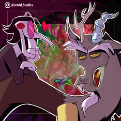 Size: 1080x1080 | Tagged: safe, artist:naquelinedelch2, discord, draconequus, g4, abstract background, antlers, clothes, crossover, deltarune, discord is not amused, duo, heart, instagram, long nose, male, nose, one sided shipping, outline, signature, spamton, spanish description, suit, unamused, white outline