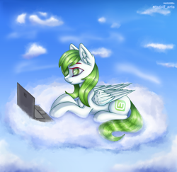 Size: 3800x3700 | Tagged: safe, artist:ingolf arts, pegasus, pony, cloud, computer, cute, ear fluff, female, floppy ears, high res, laptop computer, linux, linux mint, mare, notebook, ponified, sky, smiling, solo, wings