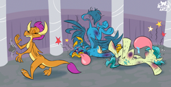 Size: 3840x1950 | Tagged: safe, artist:tacokatto, gallus, sandbar, smolder, dragon, earth pony, griffon, pony, g4, abuse, beaten up, black eye, bruised, butt, cartoon violence, dragoness, drool, female, gallabuse, impossibly large tongue, injured, knocked out, male, pain star, plot, sandabuse, stars, tongue out, unconscious, violence against stallions