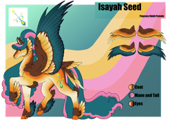 Size: 1920x1358 | Tagged: safe, artist:oneiria-fylakas, oc, oc:isayah seed, pegasus, pony, colored wings, feathered fetlocks, female, mare, multicolored wings, reference sheet, solo, tail, tail feathers, wings