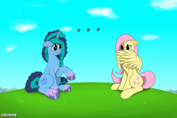 Size: 3000x2000 | Tagged: safe, artist:ob2908, fluttershy, misty brightdawn, pegasus, pony, unicorn, g5, ..., chest fluff, cloud, cute, duo, female, floppy ears, grass, hiding behind wing, looking at each other, looking at someone, mare, misty and her heroine, mistybetes, raised hoof, shy, shyabetes, sitting, sky, sweat, sweatdrop, sweating profusely, unshorn fetlocks, wings