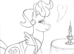 Size: 3273x2388 | Tagged: safe, artist:clonehunter, cup cake, earth pony, pony, g4, apron, candle, candlestick, clothes, ear piercing, earring, female, floating heart, grayscale, heart, high res, jewelry, mare, monochrome, piercing, sitting, smiling, solo, table, traditional art