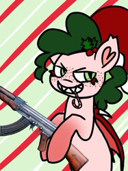 Size: 1000x1335 | Tagged: safe, artist:bloodysticktape, oc, oc:beetard, ak-47, assault rifle, christmas, gun, holiday, rifle, weapon