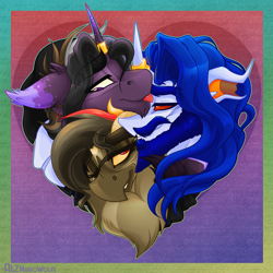 Size: 3462x3462 | Tagged: safe, artist:alzmariowolfe, oc, oc:alz riel-delano, oc:delta riel-delano, oc:gib riel-delano, alicorn, bat pony, bat pony alicorn, changeling, griffon, pony, g4, :p, bat wings, heart, high res, horn, jewelry, lgbt, polyamory, ring, shipping, smiling, tongue out, unshorn fetlocks, wings