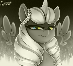 Size: 970x880 | Tagged: safe, artist:llametsul, opaline arcana, alicorn, pony, g5, my little pony: make your mark, spoiler:g5, spoiler:my little pony: make your mark, disgusted, female, fire, floating wings, frown, looking at you, looking down, looking down at you, mare, monochrome, signature, solo, wings
