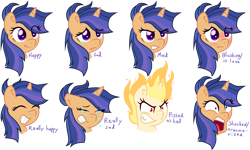 Size: 1945x1165 | Tagged: safe, artist:lindasaurie, oc, oc:galaxy swirls, pony, unicorn, angry, blushing, bust, crying, expressions, eye clipping through hair, eyebrows, eyebrows visible through hair, facial expressions, gift art, happy, mane of fire, next generation, offspring, parent:flash sentry, parent:twilight sparkle, parents:flashlight, sad, shocked, shocked expression, simple background, solo, transparent background