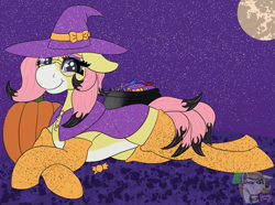 Size: 1455x1080 | Tagged: safe, artist:gray star, derpibooru exclusive, oc, oc only, oc:sunny side(gray star), pony, unicorn, candy, choker, clothes, female, food, hat, pumpkin, socks, trans female, transgender, transgender oc, witch costume, witch hat