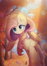 Size: 1700x2350 | Tagged: safe, artist:miryelis, fluttershy, pegasus, pony, g4, autumn, clothes, cute, full body, hat, leaves, scarf, sky, smiling, solo, tree, walking