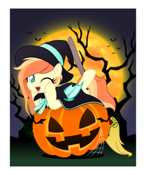 Size: 4188x5000 | Tagged: safe, artist:jhayarr23, oc, oc only, oc:sunshine drift, bat, bat pony, pony, bat pony oc, broom, clothes, commission, costume, female, halloween, halloween costume, hat, holiday, jack-o-lantern, looking at you, mare, moon, one eye closed, pumpkin, smiling, solo, spider web, wink, witch, witch hat, ych result