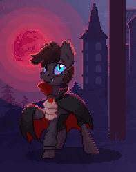 Size: 472x600 | Tagged: safe, artist:yarugreat, oc, oc:hunter blood moon, bat pony, pony, animated, clothes, commission, costume, dracula, fangs, glowing, glowing eyes, halloween, halloween costume, holiday, loop, perfect loop, pixel animation, pixel art, solo, ych result