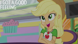 Size: 1920x1080 | Tagged: safe, edit, edited screencap, editor:quoterific, screencap, applejack, human, equestria girls, equestria girls specials, g4, my little pony equestria girls: better together, my little pony equestria girls: rollercoaster of friendship, applejack's hat, cowboy hat, female, geode of super strength, hat, magical geodes, open mouth, solo