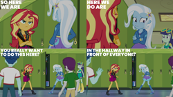 Size: 4400x2475 | Tagged: safe, edit, edited screencap, editor:quoterific, screencap, blueberry cake, curly winds, indigo wreath, some blue guy, sunset shimmer, trixie, human, equestria girls, equestria girls specials, g4, my little pony equestria girls: better together, my little pony equestria girls: forgotten friendship, female, male
