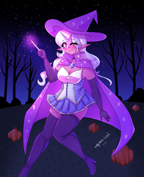 Size: 1709x2100 | Tagged: safe, artist:mylittleyuri, trixie, human, g4, boots, cape, choker, clothes, cute, diatrixes, dress, elf ears, evening gloves, female, gloves, glowing, glowing horn, hat, horn, horned humanization, humanized, long gloves, magic, magic wand, night, one eye closed, pumpkin, shoes, solo, thigh boots, tree, trixie's cape, trixie's hat, wink, zettai ryouiki