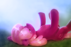 Size: 1200x792 | Tagged: safe, artist:xbi, cheerilee, earth pony, pony, cheeribetes, cute, female, grass, looking up, lying down, mare, on back, smiling, solo, tabun art-battle finished after