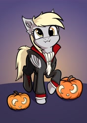 Size: 2480x3508 | Tagged: safe, artist:wasnttheredonenothing, derpy hooves, pony, undead, vampire, g4, :3, halloween, high res, holiday, pumpkin, solo
