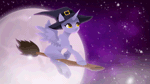 Size: 640x360 | Tagged: safe, artist:rumista, oc, alicorn, earth pony, pegasus, pony, unicorn, animated, broom, commission, flying, flying broomstick, gif, halloween, hat, holiday, moon, night, solo, witch, witch hat, your character here