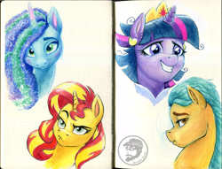 Size: 6654x5090 | Tagged: safe, artist:invalid-david, hitch trailblazer, misty brightdawn, sunset shimmer, twilight sparkle, alicorn, earth pony, pony, unicorn, g4, g5, the last problem, clothes, coronation dress, dress, female, male, mare, messy mane, scene interpretation, second coronation dress, simple background, sketchbook, solo, stallion, traditional art, twilight sparkle (alicorn), watercolor painting