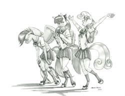 Size: 1400x1077 | Tagged: safe, artist:baron engel, apple bloom, scootaloo, sweetie belle, earth pony, pegasus, unicorn, anthro, unguligrade anthro, g4, backpack, clothes, cutie mark crusaders, excited, grayscale, monochrome, pencil drawing, school uniform, skirt, sleepy, traditional art