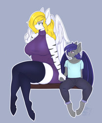 Size: 1067x1280 | Tagged: safe, artist:spamjamz, oc, oc only, oc:dusk rhine, oc:swift wing, bat pony, pegasus, anthro, unguligrade anthro, bat pony oc, bat wings, big breasts, breasts, clothes, curvy, denim, dress, female, glasses, holding hands, hooves, jeans, larger female, looking left, pants, pegasus oc, shirt, simple background, size difference, skindentation, socks, stripes, sweater dress, thigh highs, thighs, thunder thighs, turtleneck, wide hips, wings, zettai ryouiki