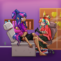 Size: 1080x1080 | Tagged: safe, artist:windywendy29, rainbow dash, twilight sparkle, human, g4, alternate hairstyle, barefoot, cargo pants, chair, clothes, cutie mark on human, cutie mark tattoo, dark skin, duo, ear piercing, earring, eyebrow piercing, feet, female, gloves, hoodie, humanized, jewelry, nail polish, office chair, pants, piercing, ponytail, shirt, shoes, short shirt, shorts, smiling, smirk, t-shirt, tattoo, tattoo artist, trophy