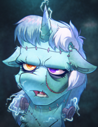 Size: 2506x3264 | Tagged: safe, artist:witchtaunter, lyra heartstrings, pony, unicorn, g4, chest fluff, ear fluff, electricity, female, floppy ears, frankenlyra, frankenpony, frankenstein's monster, furrowed brow, halloween, halloween 2022, heterochromia, high res, holiday, l.u.l.s., mare, multicolored eyes, scar, solo, spooky