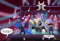 Size: 2732x1858 | Tagged: safe, artist:lordshrekzilla20, princess luna, alicorn, demon, hellhound, human, pony, anthro, digitigrade anthro, g4, anthro with ponies, audience, band, bipedal, boots, bracelet, cellphone, choker, clothes, concert, constellation, constellation hair, crossover, dialogue, drum kit, drums, drumsticks, ear piercing, earring, electric guitar, ethereal mane, eyes closed, female, fingerless gloves, gloves, guitar, guitar pick, hellaverse, hellborn, helluva boss, high res, jewelry, loona (helluva boss), luna loud, mare, microphone, music notes, musical instrument, namesake, open mouth, open smile, phone, piercing, playing instrument, pun, rock band, shirt, shoes, shorts, signature, singing, skirt, smiling, speech bubble, spiked choker, spotlight, spread wings, stage, starry mane, stockings, the loud house, thigh highs, trio, trio female, visual pun, wings