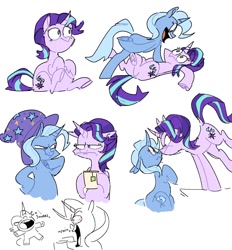 Size: 1300x1400 | Tagged: safe, artist:disaterror, starlight glimmer, trixie, pony, unicorn, angry, boop, curved horn, floppy ears, food, horn, noseboop, open mouth, open smile, sleeping, smiling, snoring, surprised, tea, unamused, wide eyes