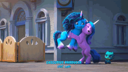 Size: 1280x716 | Tagged: safe, edit, edited screencap, screencap, izzy moonbow, misty brightdawn, sparky sparkeroni, dragon, pony, unicorn, g5, my little pony: make your mark, my little pony: make your mark chapter 2, the traditional unicorn sleep-over, spoiler:g5, spoiler:my little pony: make your mark chapter 2, spoiler:mymc02e06, animated, baby, baby dragon, female, gif, loop, male, mare, maretime bay, reversed, running away, street, suspicious, teleportation