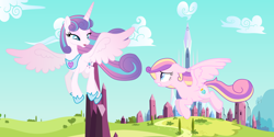 Size: 9600x4798 | Tagged: safe, artist:lillyleaf101, princess flurry heart, princess skyla, alicorn, pegasus, pony, g4, absurd resolution, alternate design, flying, older, older flurry heart, show accurate, species swap