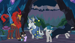 Size: 1024x589 | Tagged: safe, artist:lillyleaf101, king sombra, star swirl the bearded, stygian, oc, oc:plum pillow, kirin, pony, baby, baby pony, base used, cloak, clothes, younger