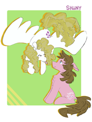 Size: 1668x2224 | Tagged: safe, artist:shiiiny, shady, surprise, earth pony, pegasus, pony, g1, :p, chest fluff, dock, female, flying, green background, mare, ponytober, simple background, tail, tongue out