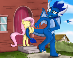Size: 2048x1623 | Tagged: safe, artist:neondragon, fluttershy, oc, oc:cobalt the dragon, oc:cobaltthedragon, dragon, pegasus, pony, g4, cute, female, looking back, male, ponytober, ponyville, prehensile tail, shy, smiling, tail, tail hold