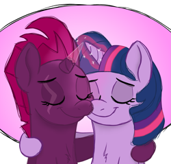 Size: 1857x1778 | Tagged: safe, artist:doodledonutart, tempest shadow, twilight sparkle, alicorn, pony, unicorn, g4, artificial horn, augmented, broken horn, cheek to cheek, eyes closed, female, hoof around neck, hoof on shoulder, horn, horns are touching, hug, lesbian, magic, magic horn, mare, nuzzling, pink background, ponytober, scar, ship:tempestlight, shipping, simple background, smiling, tempest gets her horn back, twilight sparkle (alicorn)