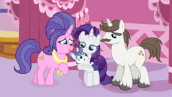Size: 1024x582 | Tagged: safe, artist:velveagicsentryyt, cookie crumbles, hondo flanks, rarity, oc, oc:sky city, pony, g4, baby, baby pony, female, grandfather, grandmother, grandparents, male, mama rarity, offspring, parent:fancypants, parent:rarity, parents:raripants