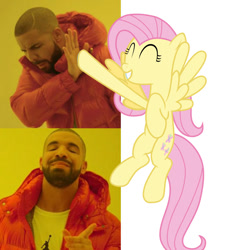 Size: 650x717 | Tagged: safe, artist:mlpfbismagic, fluttershy, human, pegasus, pony, g4, ^^, breaking the fourth wall, cute, drake, eyes closed, female, grin, high five, hoofbump, hotline bling, mare, meme, smiling, subverted meme, wholesome