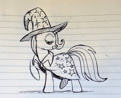 Size: 2048x1663 | Tagged: safe, artist:mellodillo, trixie, pony, unicorn, female, grayscale, head turn, lidded eyes, lined paper, looking at you, mare, monochrome, pen drawing, raised hoof, smiling, smiling at you, smug, solo, traditional art