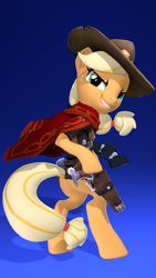Size: 2160x3840 | Tagged: safe, artist:owlpirate, applejack, earth pony, pony, 3d, 4k, bipedal, clothes, cole cassidy, cowboy hat, female, gradient background, grin, gun, handgun, hat, high res, jesse mccree, looking at you, looking back, looking back at you, mare, overwatch, poncho, revolver, smiling, smiling at you, solo, source filmmaker