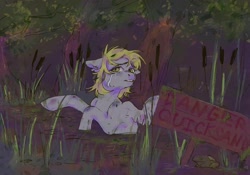 Size: 2388x1668 | Tagged: safe, artist:soudooku, derpy hooves, frog, pegasus, pony, g4, bruised, cattails, crying, dirty, fear, female, floppy ears, helpless, imminent death, looking at you, mare, mud, outdoors, peril, plant, quicksand, raised hoof, reeds, scared, sign, sinking, solo, spread wings, swamp, tears of fear, this will end in death, tree, wings