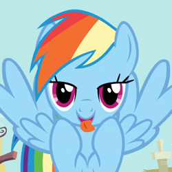Size: 512x512 | Tagged: safe, screencap, rainbow dash, pegasus, pony, a bird in the hoof, g4, season 1, bedroom eyes, derp, faic, flying, invisible stallion, licking, lidded eyes, looking at you, open mouth, open smile, raised hoof, silly, silly pony, smiling, smiling at you, solo, tongue out, wings