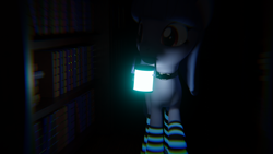 Size: 3840x2160 | Tagged: safe, artist:the luna fan, derpibooru exclusive, oc, oc only, oc:cosmia nebula, pony, 3d, blender, blender cycles, bookshelf, choker, clothes, dream, high res, lantern, library, night, socks, solo, striped socks