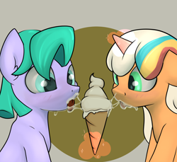 Size: 3600x3300 | Tagged: safe, artist:dumbwoofer, peach fizz, seashell (g5), earth pony, pony, unicorn, g5, blushing, duo, ear fluff, female, filly, foal, food, high res, ice cream, ice cream cone, magic, messy, messy eating, not cum, pippsqueaks, simple background, suggestive eating, telekinesis, tongue out