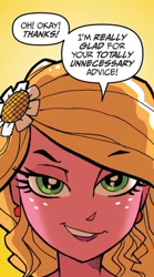 Size: 728x1308 | Tagged: safe, artist:tony fleecs, idw, sunflower (g4), human, equestria girls, g4, spoiler:comic, spoiler:comicannual2013, dialogue, female, reaction image, solo