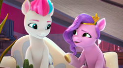 Size: 2388x1332 | Tagged: safe, screencap, pipp petals, zipp storm, pegasus, pony, g5, my little pony: make your mark, my little pony: make your mark chapter 2, the traditional unicorn sleep-over, spoiler:g5, spoiler:my little pony: make your mark chapter 2, spoiler:mymc02e06, couch, duo, female, mare, royal sisters (g5), siblings, sisters, sitting