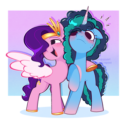 Size: 2239x2188 | Tagged: safe, artist:syrupyyy, misty brightdawn, pipp petals, pegasus, pony, unicorn, g5, adorapipp, blushing, colored hooves, colored wings, crown, cute, duo, duo female, eye clipping through hair, eyebrows, eyebrows visible through hair, female, freckles, frown, gold hooves, high res, hooves, hug, jewelry, lesbian, mare, mistybetes, open mouth, open smile, ponytober, regalia, ship:mistypetals, shipping, side hug, signature, smiling, spread wings, syrupyyy is trying to murder us, uncomfortable, wings