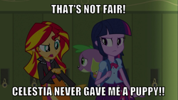 Size: 1067x600 | Tagged: safe, edit, edited screencap, editor:twi clown, screencap, spike, sunset shimmer, twilight sparkle, alicorn, dog, human, unicorn, equestria girls, g4, my little pony equestria girls, backpack, bowtie, caption, clothes, image macro, implied princess celestia, jacket, leather, leather jacket, spike the dog, text, twilight sparkle (alicorn)