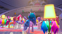 Size: 2388x1341 | Tagged: safe, screencap, izzy moonbow, pipp petals, sunny starscout, zipp storm, earth pony, pegasus, pony, unicorn, g5, my little pony: make your mark, my little pony: make your mark chapter 2, the traditional unicorn sleep-over, spoiler:g5, spoiler:my little pony: make your mark chapter 2, spoiler:mymc02e06, banner, butt, clothes, crystal brighthouse, decoration, female, lamp, mare, plot, scarf, tiled floor