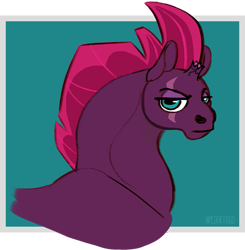 Size: 841x857 | Tagged: safe, artist:pegartisus, tempest shadow, pony, unicorn, g4, female, hoers, long neck, looking at you, mare, necc, simple background, small head, solo