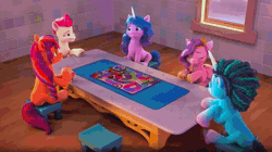 Size: 1280x716 | Tagged: safe, screencap, izzy moonbow, misty brightdawn, pipp petals, sunny starscout, zipp storm, earth pony, pegasus, pony, unicorn, g5, my little pony: make your mark, my little pony: make your mark chapter 2, the traditional unicorn sleep-over, spoiler:g5, spoiler:my little pony: make your mark chapter 2, spoiler:mymc02e06, animated, board game, female, grin, mare, nervous, nervous smile, smiling, sound, table, webm
